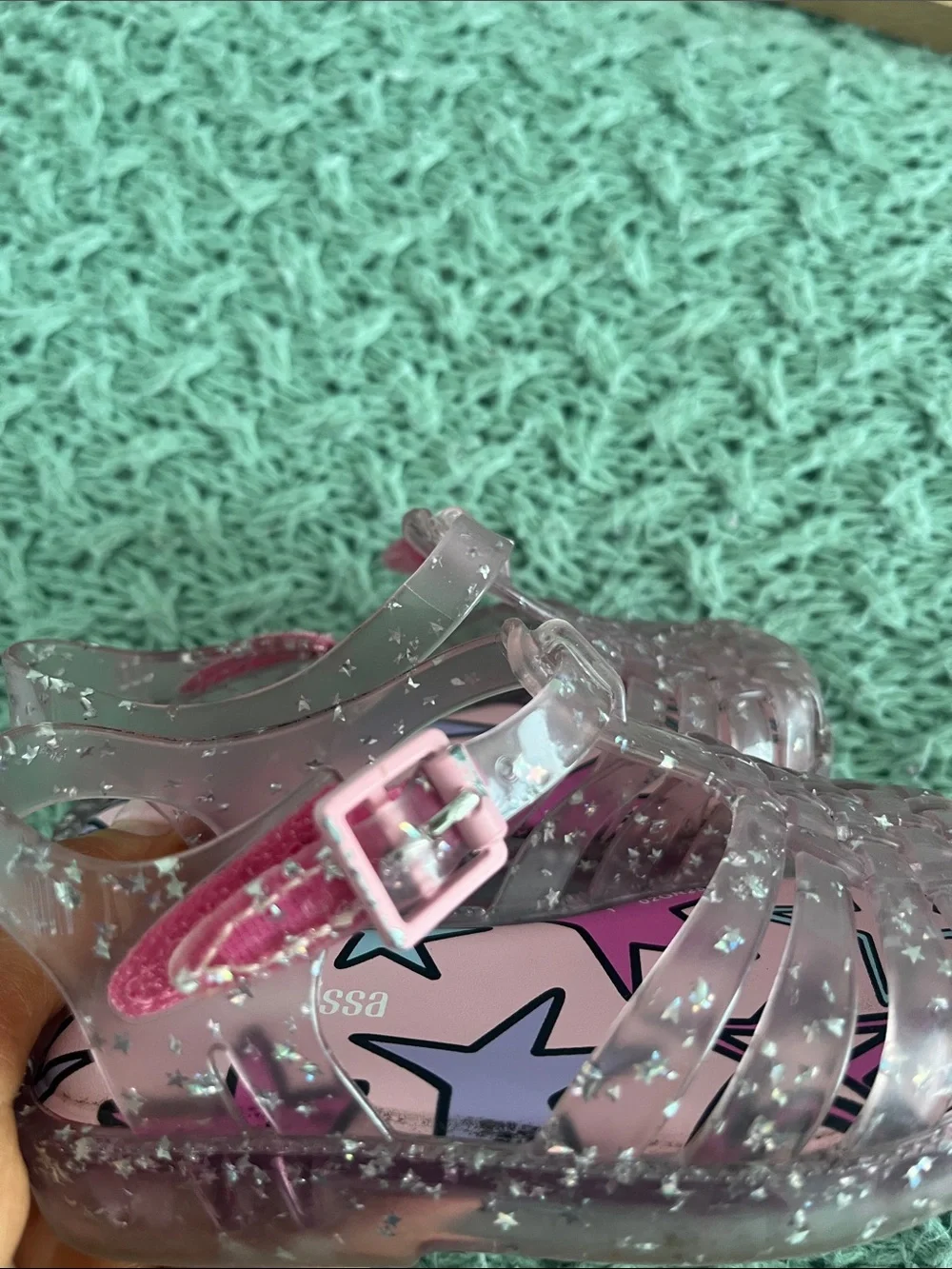 Mini Melissa Clear Glitter Jelly Sandals with Pink Star Insole